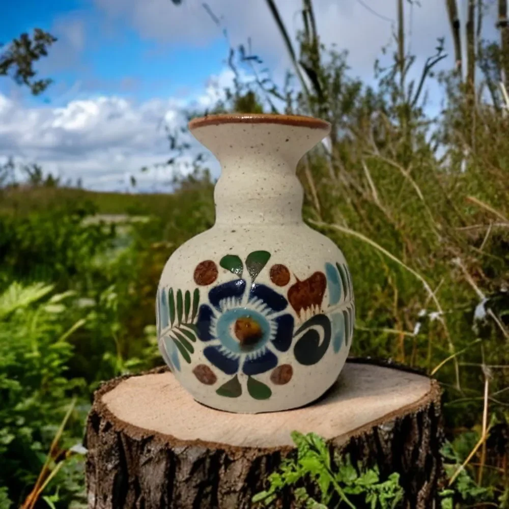 Tonala Pottery Bud Vase MINI Mexico Floral Sandstone Handpainted Signed Western.